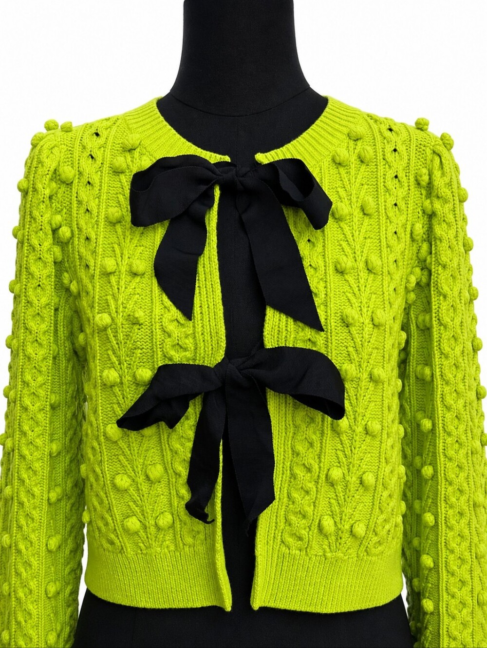 Alice + Olivia Lime Green Kitty Bow Puff Sleeve Cardigan M - Picture 5 of 14